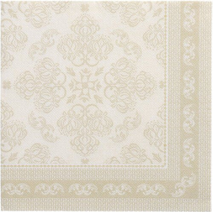 The square napkin 40x40 cm from the ROYAL collection of PAPSTAR GmbH in champagne features an ornate floral pattern with a decorative border, flat on a white background. The pack contains 50 napkins, 1/4 folded.
