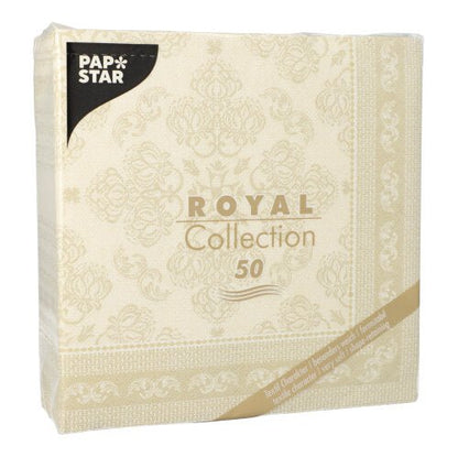 A pack of 50 PAPSTAR GmbH napkins "ROYAL Collection" 1/4 fold, 40 x 40 cm in champagne, with an elegant pattern and golden accents on the packaging.