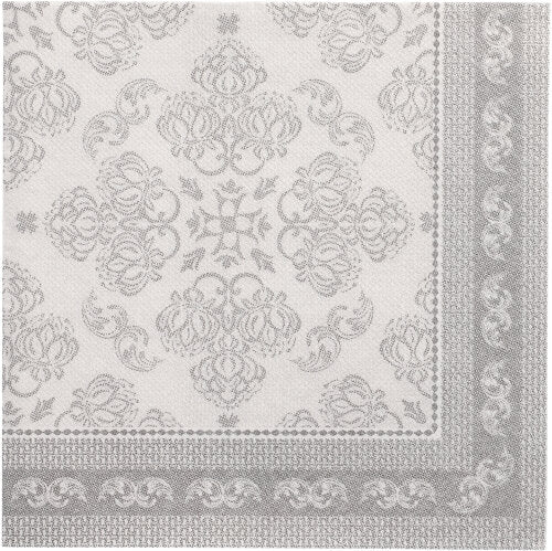 The PAPSTAR 50 napkins "ROYAL Collection" 1/4-fold 40 x 40 cm grey by PAPSTAR GmbH feature a grey-white ornate floral and snail pattern with a decorative border - ideal for those seeking high-quality napkins.
