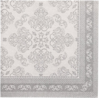 The PAPSTAR 50 napkins "ROYAL Collection" 1/4-fold 40 x 40 cm grey by PAPSTAR GmbH feature a grey-white ornate floral and snail pattern with a decorative border - ideal for those seeking high-quality napkins.