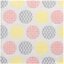 A white surface with a grid of large yellow, pink, and gray circles, each featuring a distinct floral or geometric pattern - reminiscent of the 50 "ROYAL Collection" napkins 1/4-fold 40x40 cm yellow by PAPSTAR GmbH.