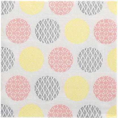 A white surface with a grid of large yellow, pink, and gray circles, each featuring a distinct floral or geometric pattern - reminiscent of the 50 "ROYAL Collection" napkins 1/4-fold 40x40 cm yellow by PAPSTAR GmbH.