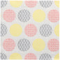 A white surface with a grid of large yellow, pink, and gray circles, each featuring a distinct floral or geometric pattern - reminiscent of the 50 "ROYAL Collection" napkins 1/4-fold 40x40 cm yellow by PAPSTAR GmbH.