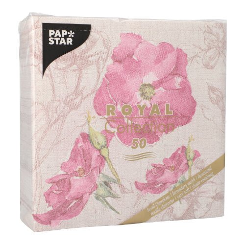 A pack of 50 PAPSTAR "ROYAL Collection" napkins, 40 x 40 cm, purple, from PAPSTAR GmbH. High-quality napkins with elegant floral design and gold accents.