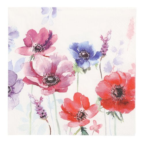 The PAPSTAR 20 napkins, 33 cm x 33 cm 3-ply from PAPSTAR GmbH feature a floral design in watercolor style in red, pink, purple, and blue with green stems and leaves.