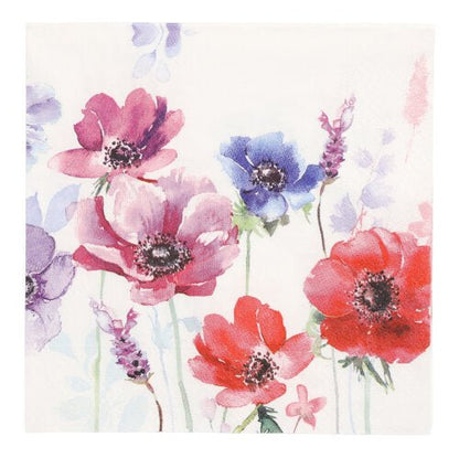 The PAPSTAR 20 napkins, 33 cm x 33 cm 3-ply from PAPSTAR GmbH feature a floral design in watercolor style in red, pink, purple, and blue with green stems and leaves.