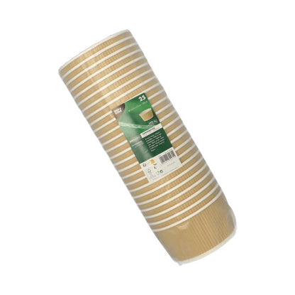 A pack of 25 PAPSTAR round soup cups, brown/white Ripple Wall paper cups (each 720 ml), from PAPSTAR GmbH, wrapped in clear foil with a green-white label. Perfect for hot or cold drinks.