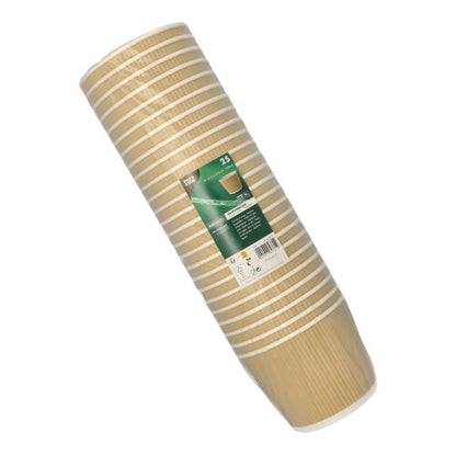 A stack of 25 PAPSTAR round soup cups, brown/white, Ripple Wall (13.5 cm) from PAPSTAR GmbH, in plastic wrap with a green info sticker.