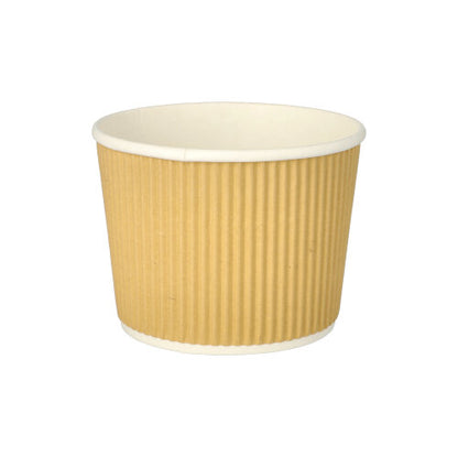 A PAPSTAR round soup cup (11 cm), brown/white with Ripple Wall, by PAPSTAR GmbH, is depicted as a small, ribbed paper cup with a white interior against a white background. The package contains 25 pieces.