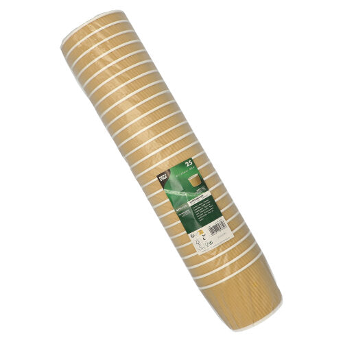 A rolled stack of 25 PAPSTAR round soup cups, 11 cm, brown/white, Ripple Wall (PAPSTAR GmbH), wrapped in clear foil with a green-white label.