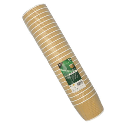 A rolled stack of 25 PAPSTAR round soup cups, 11 cm, brown/white, Ripple Wall (PAPSTAR GmbH), wrapped in clear foil with a green-white label.
