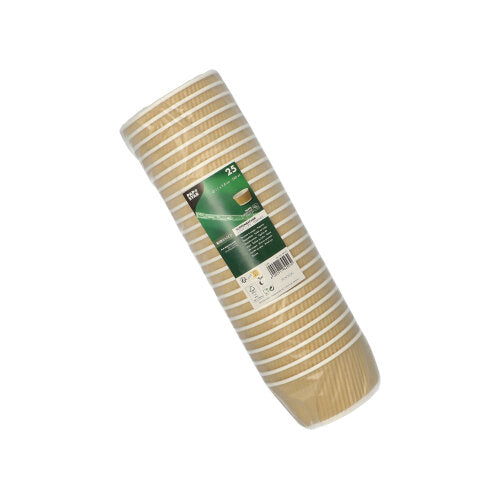 A pack of 25 PAPSTAR round soup cups, brown/white, 11 cm ripple wall disposable cups from PAPSTAR GmbH is made of clear plastic with a green-white label.