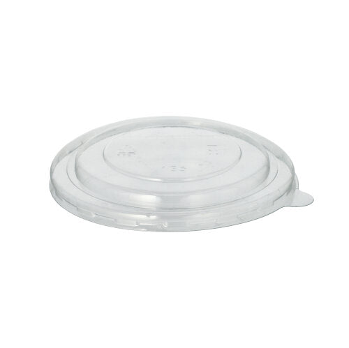 The Starpak 25 lid for R-PET round soup cups by Starpak is a transparent, round lid made of eco-friendly R-PET with a slightly raised center and a tab for easy removal, depicted against a plain white background.