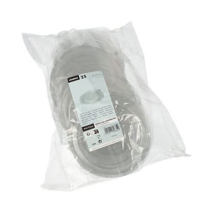 A transparent plastic bag contains 25 round soup cup lids made of Starpak R-PET with a rectangular label featuring product information, recycling symbols, and a barcode – a sustainable choice by Starpak for daily use.