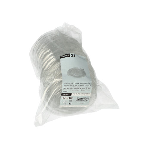 A transparent R-PET plastic packaging by Starpak contains 25 round lids for soup cups with a label on the front indicating quantity and details – an eco-friendly choice for daily use.