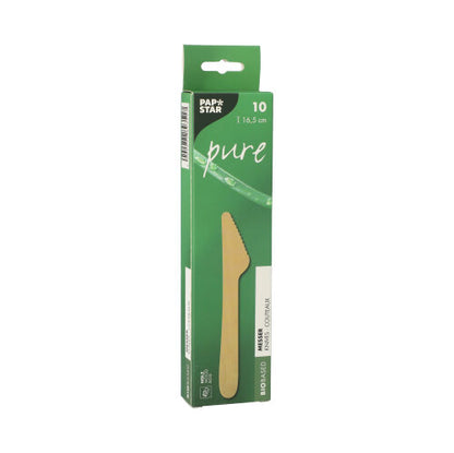 A green box with the inscription "PAPSTAR 10 knives, wood 'pure'" from PAPSTAR GmbH contains ten environmentally friendly, biodegradable wooden knives. On the front, there is a light brown knife image and multilingual product details.