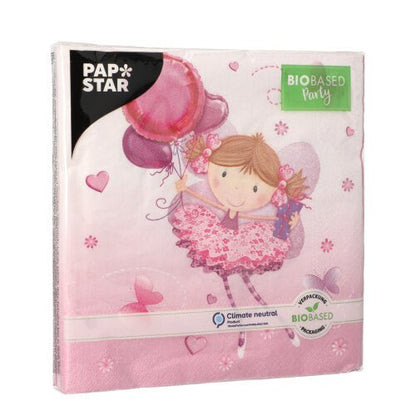 A pack of PAPSTAR 20 napkins, 33x33cm, 3-ply, with a girl in a pink dress holding balloons and butterflies on a pink background. The packaging is labeled with eco-friendly and climate-neutral labels. Brand: PAPSTAR GmbH.
