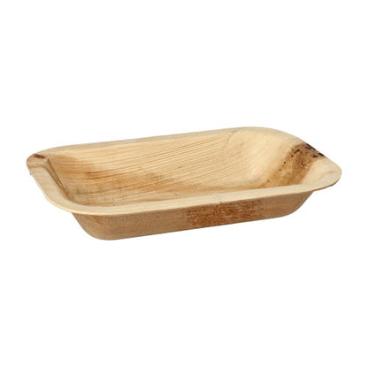 The PAPSTAR GmbH 25 seal bowls palm leaf "pure" square are rectangular, flat bowls with rounded edges, visible natural wood grain and knots. They are smooth, empty, unfinished, eco-friendly as well as biodegradable.