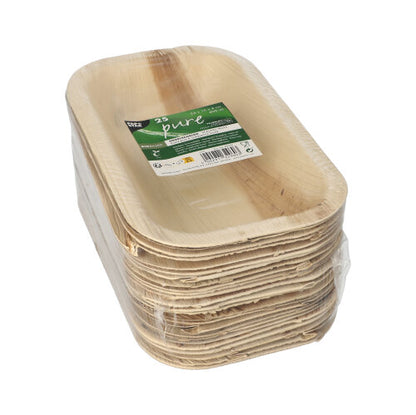 A stack of 25 seal bowls palm leaf "pure" from PAPSTAR GmbH, rectangular and biodegradable, wrapped in transparent foil and with a green-white product label on top.