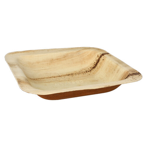 The PAPSTAR 25 seal bowls palm leaf "pure" square from PAPSTAR GmbH are square, flat disposable plates made from biodegradable palm leaf with visible grain and slightly raised edge.
