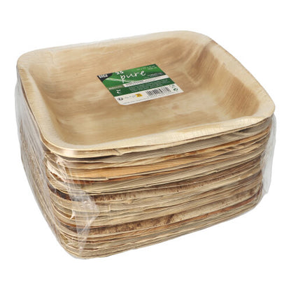 A stack of 25 PAPSTAR seal bowls palm leaf "pure" square from PAPSTAR GmbH – square, eco-friendly, biodegradable plates made from natural materials with a transparent plastic and green-white label – perfect for sustainable dining.