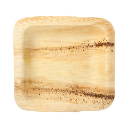 The PAPSTAR 25 seal bowls palm leaf "pure" square from PAPSTAR GmbH are square, flat, biodegradable palm leaf plates with visible natural grain and brown stripes, depicted from above on a white background.