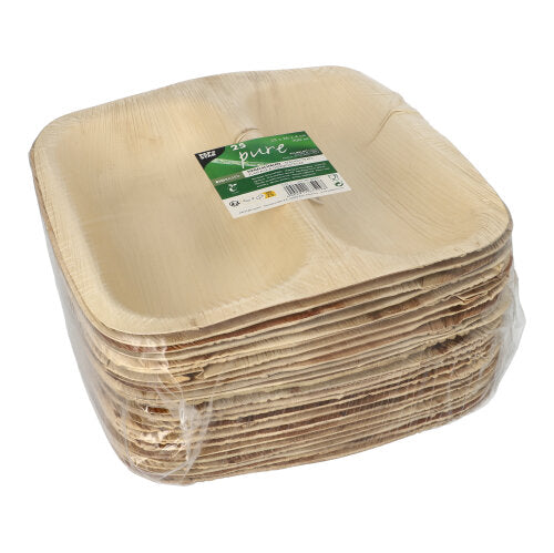 A stack of 25 seal bowls palm leaf "pure" from PAPSTAR GmbH, square plates made from eco-friendly, biodegradable palm leaf material, packed in transparent plastic with a green-white product label on top.