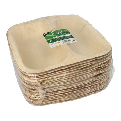 A stack of 25 seal bowls palm leaf "pure" from PAPSTAR GmbH, square plates made from eco-friendly, biodegradable palm leaf material, packed in transparent plastic with a green-white product label on top.