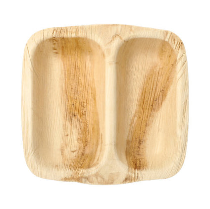 The PAPSTAR 25 seal bowls palm leaf "pure" square from PAPSTAR GmbH are square, light plates with two compartments made from natural palm leaf. They feature visible wood grain and a smooth surface and are biodegradable for eco-friendly use.