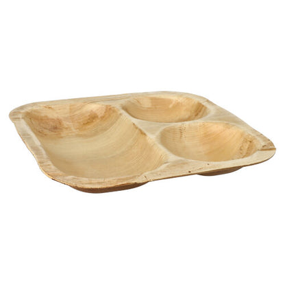 The PAPSTAR 25 seal bowls palm leaf "pure" square from PAPSTAR GmbH are square, light brown, eco-friendly plates with three compartments, raised edges and textured surface; made from biodegradable palm leaf.