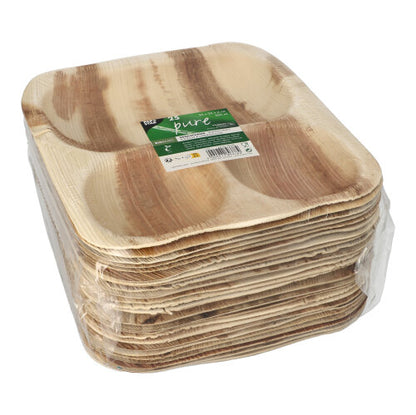 A stack of square PAPSTAR 25 seal bowls palm leaf "pure" square plates from PAPSTAR GmbH, made from eco-friendly, biodegradable palm leaf, wrapped in transparent foil and provided with a green-white label.