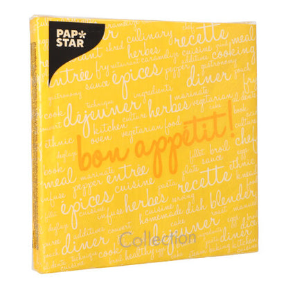 Eine quadratische gelbe Packung mit 20 PAPSTAR-Servietten (40x40 cm, 3-lagig, 1/4-Falz) zeigt in weiß-oranger Schrift „Guten Appetit“, oben links ein schwarzes PAPSTAR-Etikett der PAPSTAR GmbH.