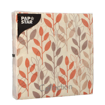 A pack of PAPSTAR 20 red 3-ply napkins (33 x 33 cm, 1/4-fold) from PAPSTAR GmbH, packed in a clear plastic packaging.