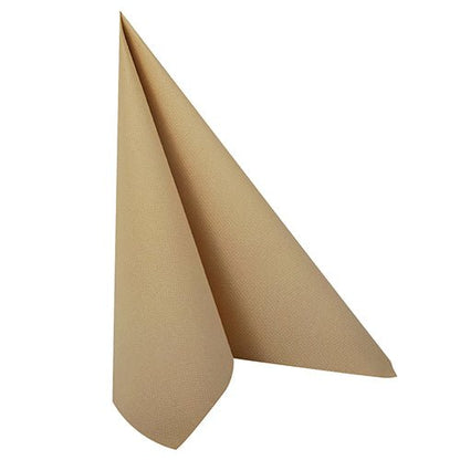 A single napkin PAPSTAR 50 napkins "ROYAL Collection" 1/4-fold 40 x 40 cm sand by PAPSTAR GmbH is folded in a triangular, tent-like shape on a white background, emphasizing its premium quality.