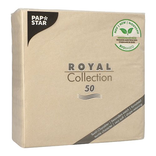A sand-colored package PAPSTAR 50 napkins "ROYAL Collection" 1/4-fold 40x40 cm by PAPSTAR GmbH, with a green "biobased" label in the upper right corner and the number 50 as a quantity indication.