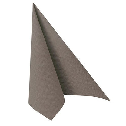 The gray napkin PAPSTAR 50 napkins "ROYAL Collection" 1/4-fold 40 x 40 cm from PAPSTAR GmbH is folded upright in a triangular shape, with the elegant structure slightly visible on both edges.