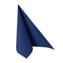A PAPSTAR 50 napkins "ROYAL Collection" 1/4-fold 40 x 40 cm dark blue, from PAPSTAR GmbH, is folded vertically into a sharp triangle against a white background, showcasing the elegance of the Royal Collection style.