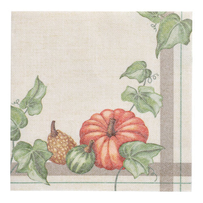 The PAPSTAR 50 napkins "ROYAL Collection" 40x40 cm by PAPSTAR GmbH feature a printed pumpkin, pumpkins, green leaves in one corner, a checkered border, and a light beige background - perfect for elegantly setting any table.
