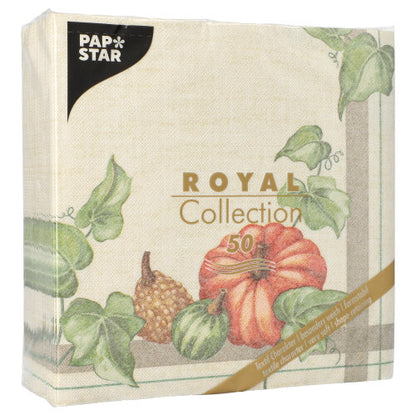 A 50-pack PAPSTAR napkins "ROYAL Collection" (1/4-fold, 40x40cm) from PAPSTAR GmbH with a beige-green pumpkin, squash, and leaf motif.