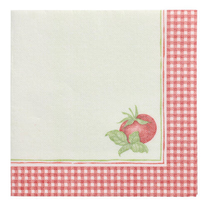 The PAPSTAR 50 napkins "ROYAL Collection" 1/4-fold 40 x 40 cm from PAPSTAR GmbH features a red and white checked border, a small tomato illustration, and a pure white center that highlights the high-quality design.