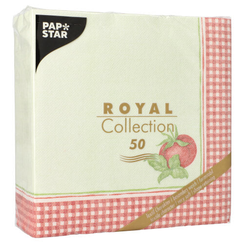A pack of 50 PAPSTAR napkins "ROYAL Collection" 1/4-fold (40 x 40 cm) with a red and white checkered edge and apple motif from PAPSTAR GmbH.
