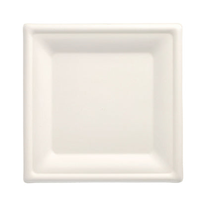 The PAPSTAR 100 plates, sugarcane "pure" square in white by the PAPSTAR GmbH is a square, minimalist plate with a raised edge. Made from biodegradable sugarcane, it offers an eco-friendly alternative to disposable plates. Pictured against a white background.