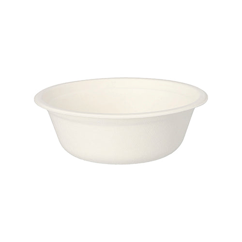 The PAPSTAR 100 bowls "pure" from PAPSTAR GmbH are a simple white, round bowl with a slightly flared rim, made from eco-friendly sugarcane, depicted on a white background.