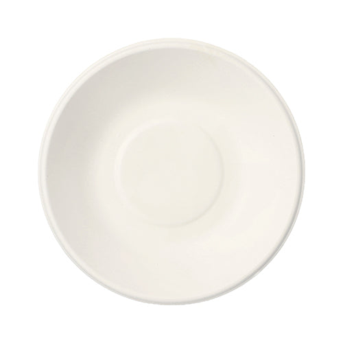 A PAPSTAR 100 bowls, sugarcane "pure" from PAPSTAR GmbH is depicted from above on a white background. The eco-friendly saucer features a flat indentation in the middle, ideal for holding a cup and for sustainable serving.