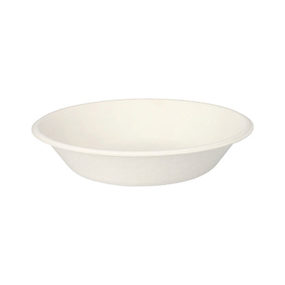The PAPSTAR 100 bowls, sugarcane "pure" from PAPSTAR GmbH is a round, white disposable bowl made of eco-friendly sugarcane with slightly curved sides, depicted on a white background.