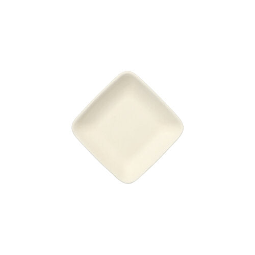 A PAPSTAR 50 finger food plate made of sugarcane "pure" white from PAPSTAR GmbH is square, off-white and is shown on a white background with the corners facing up, down, left, and right.