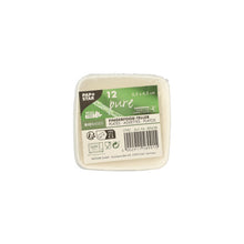 A square pack with 12 PAPSTAR finger food plates square, 6.5 cm, white, made of sugarcane "pure", by PAPSTAR GmbH, in shrink wrap; labeled as sustainable disposable tableware and biodegradable.