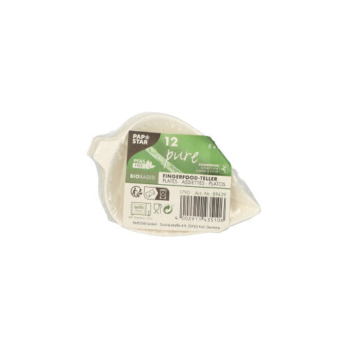 A transparent plastic packaging with 12 finger food plates from PAPSTAR GmbH, sugarcane "pure", white. The label contains product information and recycling symbols. The plates are biodegradable and made from sugarcane.