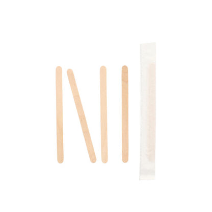 Four PAPSTAR 1000 wooden stir sticks "pure" from PAPSTAR GmbH are arranged vertically on a white background, the fourth stick is individually wrapped.