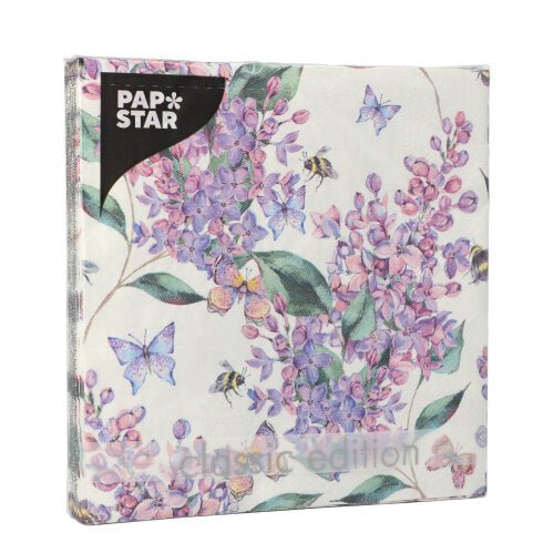 A pack of PAPSTAR GmbH 3-ply napkins (20 pieces, 33x33 cm, 1/4-fold) in a clear sleeve with floral and butterfly motifs in purple, pink, and green - from the elegant Design Set 3 collection.